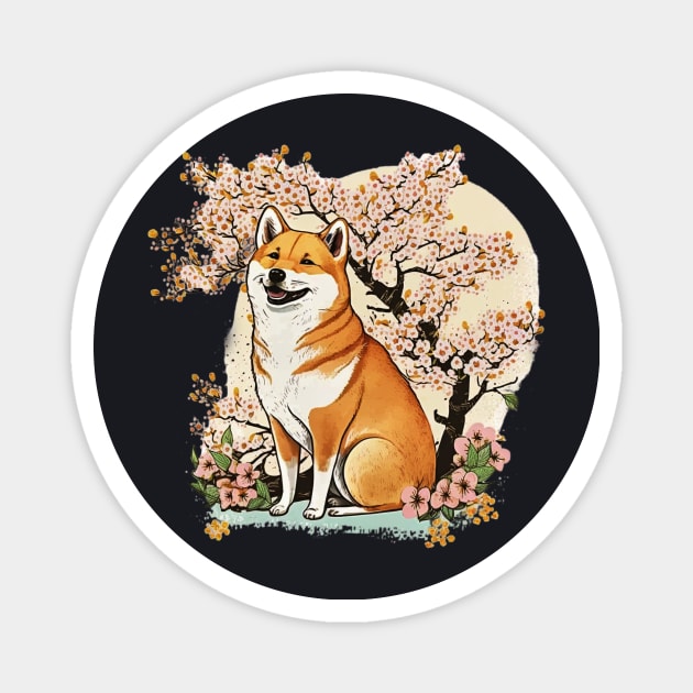 Shiba Inu Dog, with Cherry Blossom Moon, Dog Lover Magnet by dukito